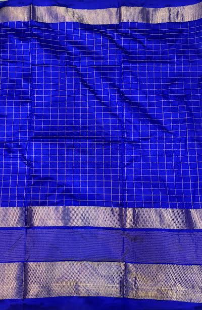 Off-White &amp; Royal Blue Ikkat Silk Saree with Checked Blouse