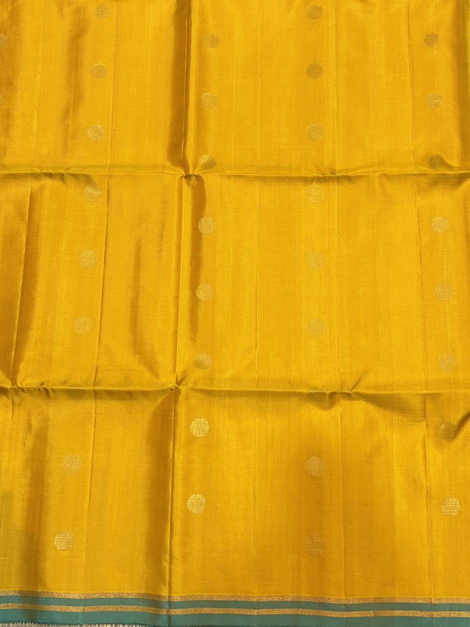 Silk Mark Certified Mustard Yellow &amp; Teal Kanchi Soft Silk Saree with Brocade Pallu