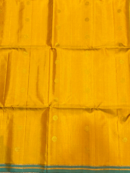 Silk Mark Certified Mustard Yellow &amp; Teal Kanchi Soft Silk Saree with Brocade Pallu