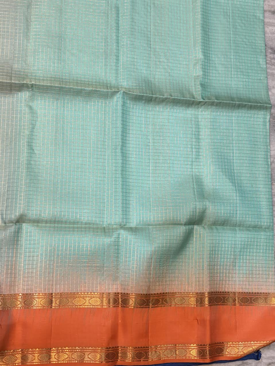 Authentic Sea Green &amp; Copper Orange Kanchipuram Silk Saree with Silk Mark
