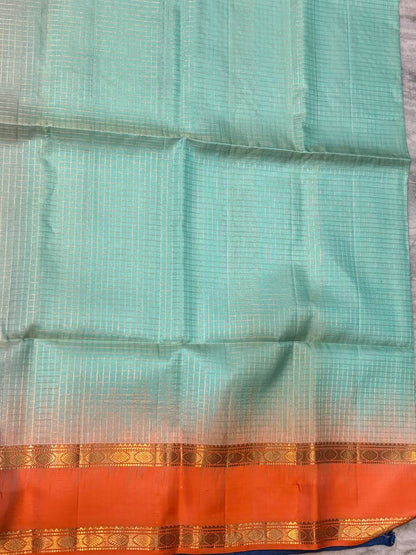 Authentic Sea Green &amp; Copper Orange Kanchipuram Silk Saree with Silk Mark
