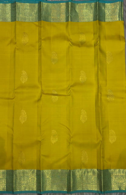 Authentic Green Kanchipuram Pattu Silk Saree with Teal Border - pochampallysarees.com