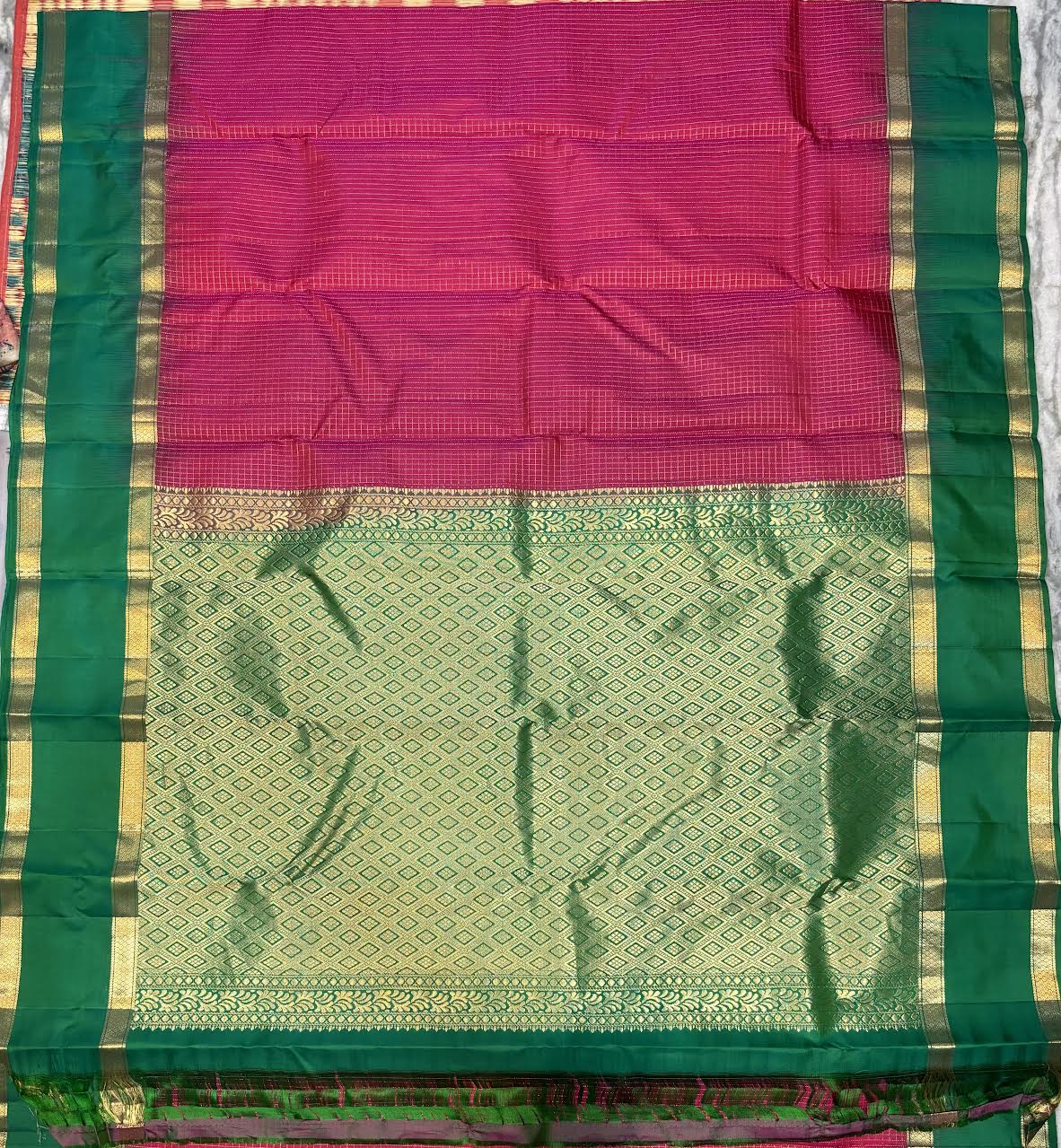 Pink &amp; Green Kanchi Silk Saree with Emerald Green Blouse