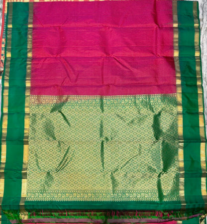 Pink &amp; Green Kanchi Silk Saree with Emerald Green Blouse
