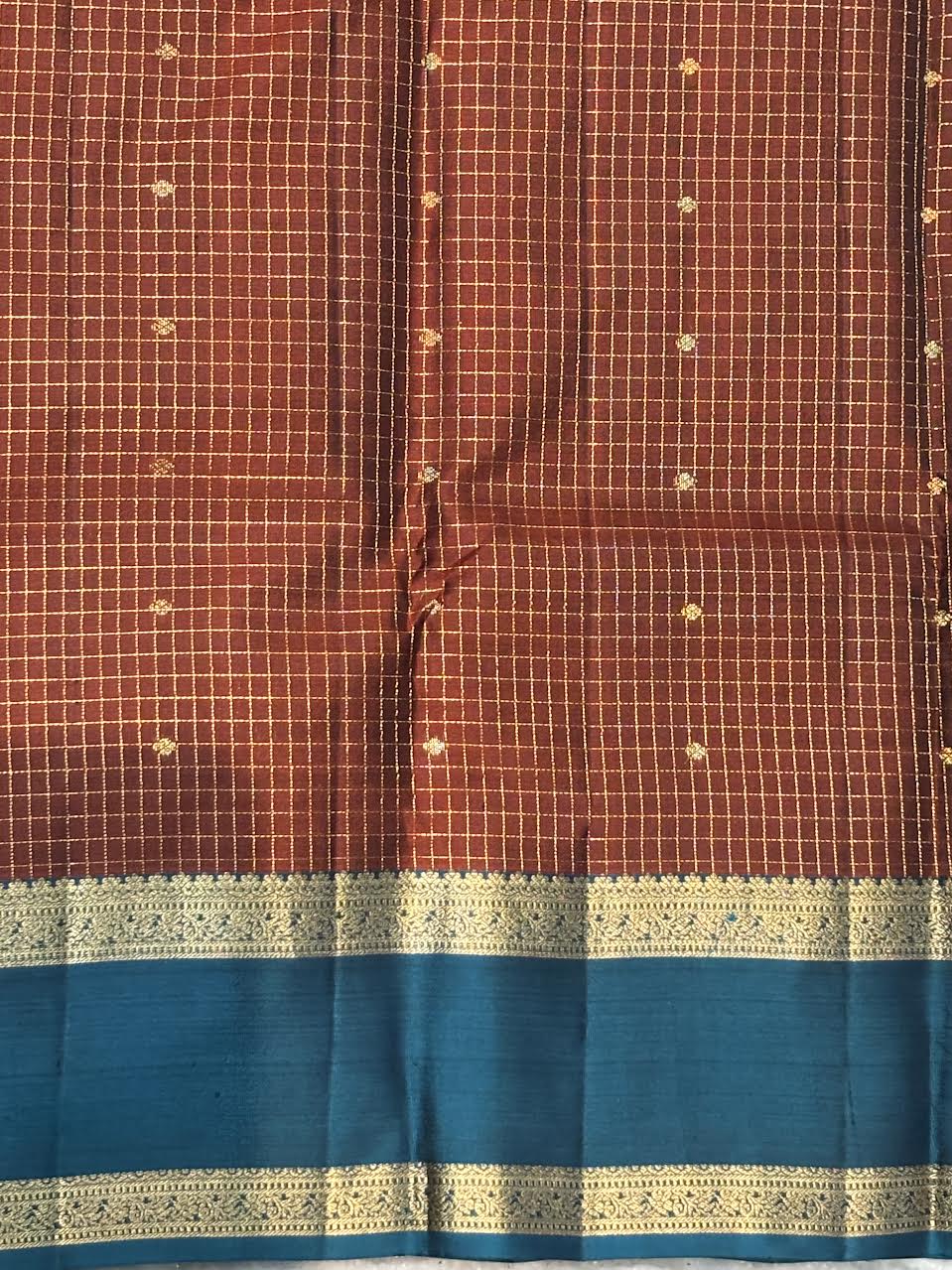 Authentic Kanchi Silk Saree in Deep Rust Red &amp; Peacock Blue Border