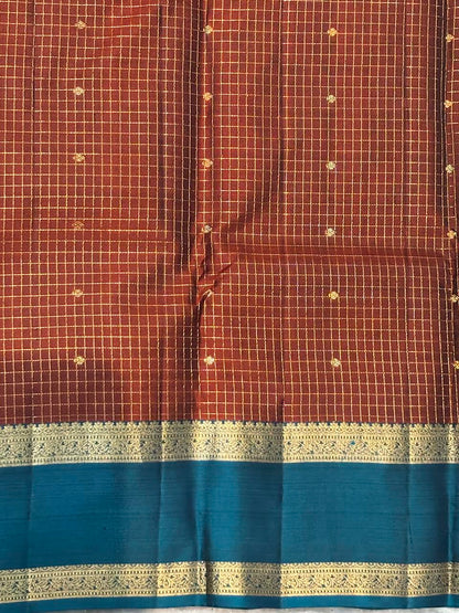 Authentic Kanchi Silk Saree in Deep Rust Red &amp; Peacock Blue Border
