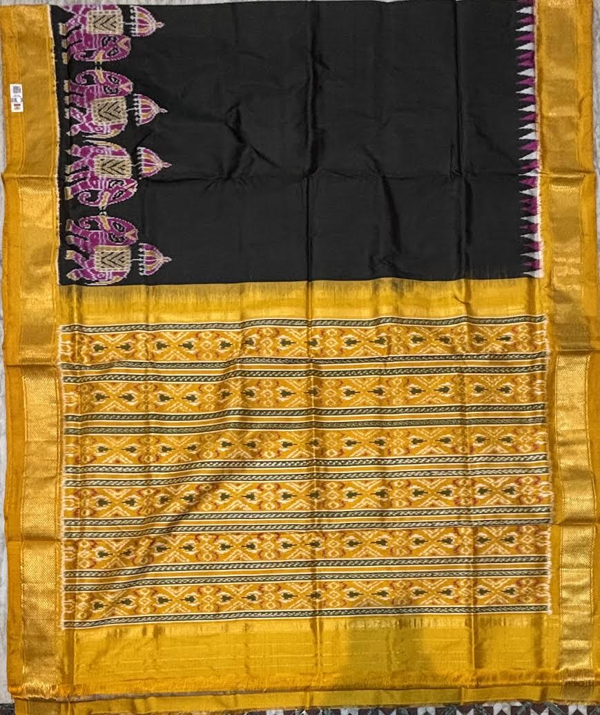 Premium Black &amp; Mustard Yellow Pochampally Ikat Silk Saree with Elephant Motifs