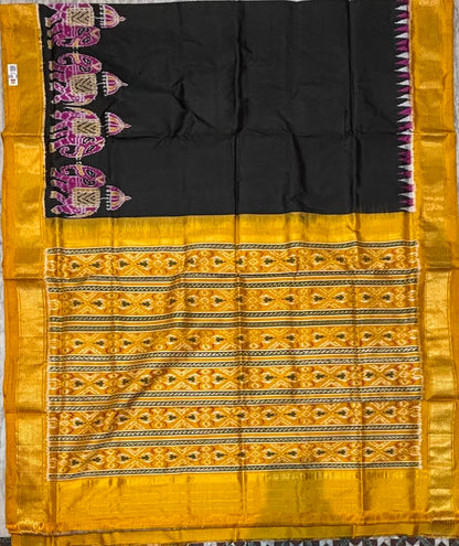 Premium Black &amp; Mustard Yellow Pochampally Ikat Silk Saree with Elephant Motifs