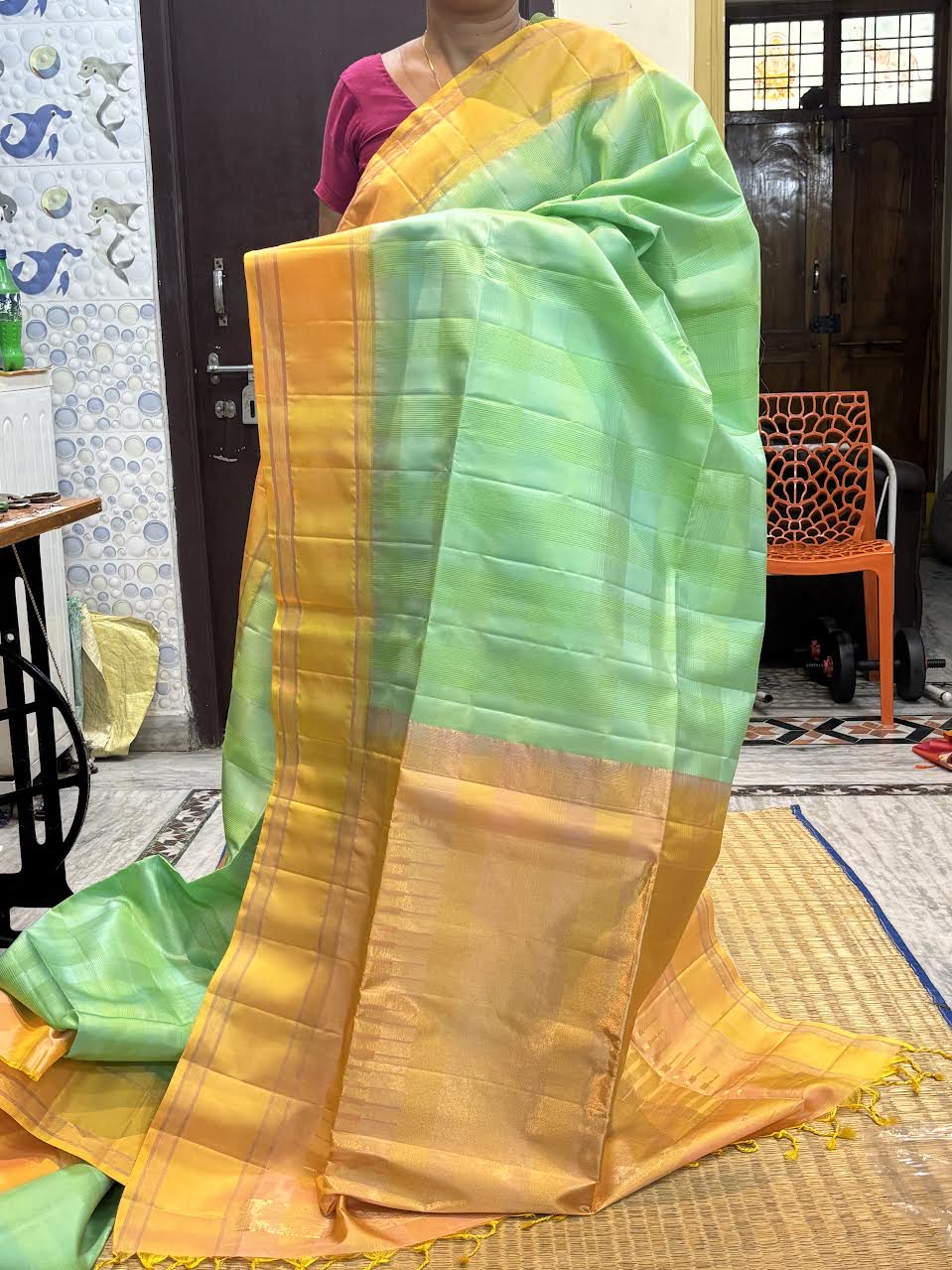 Kanchi Soft Silk Saree in Sea Green with Contrast Yellow Gold Zari Border