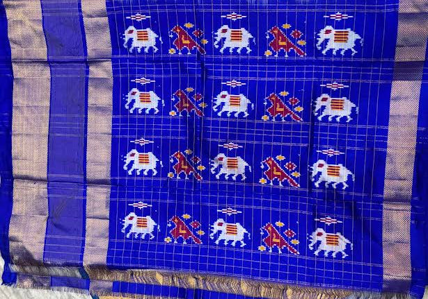 Off-White &amp; Royal Blue Ikkat Silk Saree with Checked Blouse