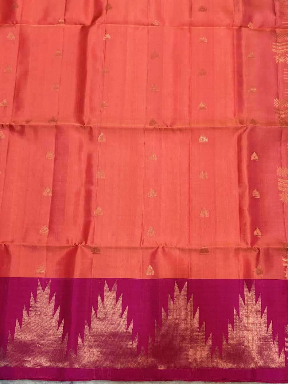 Coral Peach &amp; Rani Pink Kanchipuram Soft Silk Saree (Silk Mark Certified)