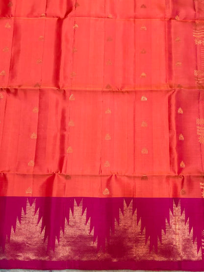 Coral Peach &amp; Rani Pink Kanchipuram Soft Silk Saree (Silk Mark Certified)