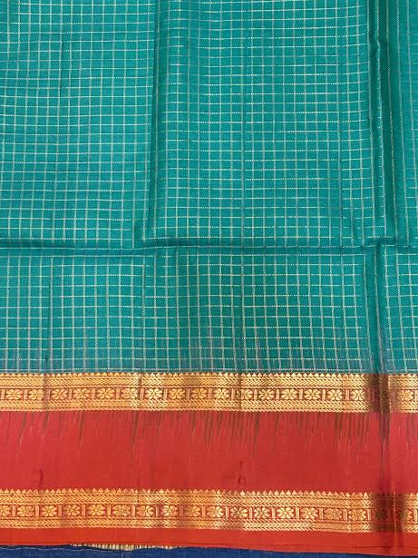Silk Mark Certified Pure Kanchipuram Silk Saree in Peacock Green with Contrast Red Zari Border