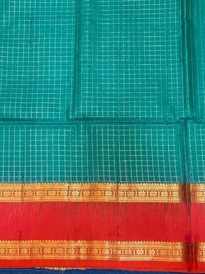 Silk Mark Certified Pure Kanchipuram Silk Saree in Peacock Green with Contrast Red Zari Border