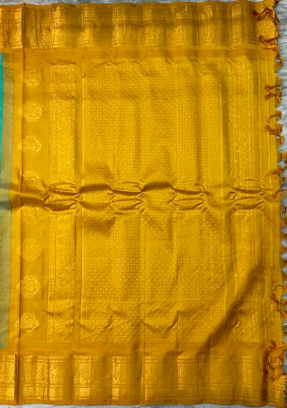 Pure Gadwal Silk Saree in Turquoise Blue and Mustard Yellow