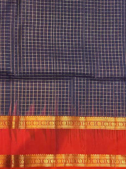 Handwoven Pure Kanchipuram Silk Saree - Regal Blue with Contrast Red Zari Border | Silk Mark Certified