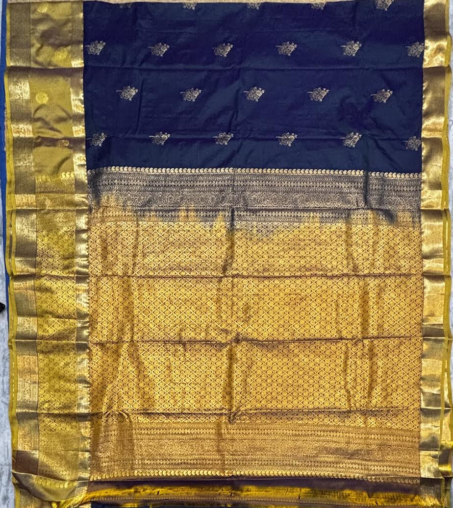 Elegant Navy Blue Semi Dharmavaram Silk Saree with Rich Gold Zari Pallu