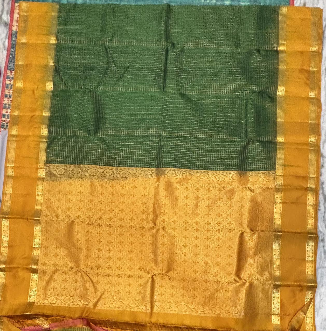 Pure Kanchipuram Soft Silk Saree - Emerald Green &amp; Mustard Yellow