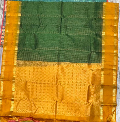 Pure Kanchipuram Soft Silk Saree - Emerald Green &amp; Mustard Yellow