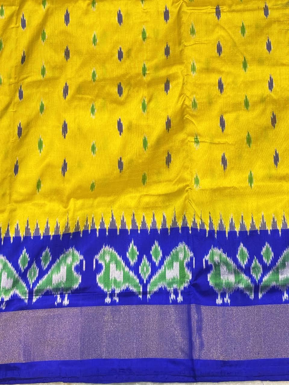 Yellow and Royal Blue Pochampally Ikkat Pure Silk Saree with Zari Border