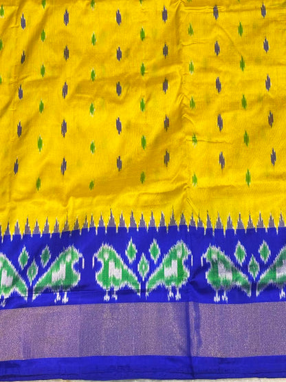 Yellow and Royal Blue Pochampally Ikkat Pure Silk Saree with Zari Border