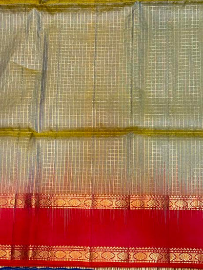 Pure Kanchipuram Silk Saree in Sage Green &amp; Crimson Red with Silk Mark Certification