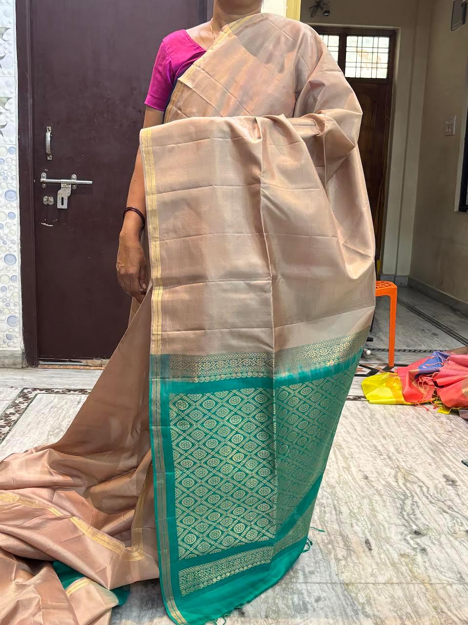 Beige Silk Saree with Teal Green Brocade Border &amp; Matching Blouse