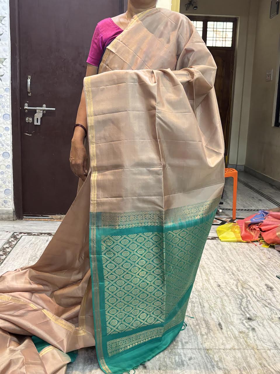 Beige Silk Saree with Teal Green Brocade Border &amp; Matching Blouse