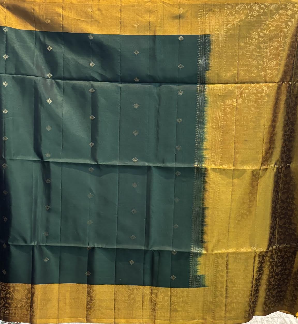 Pure Kanchi Soft Silk Saree in Bottle Green with Antique Gold Zari Border | Silk Mark Certified