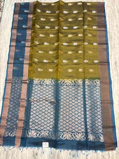 Olive Green &amp; Peacock Blue Handloom Silk Saree with Silver Zari Jaal Pallu