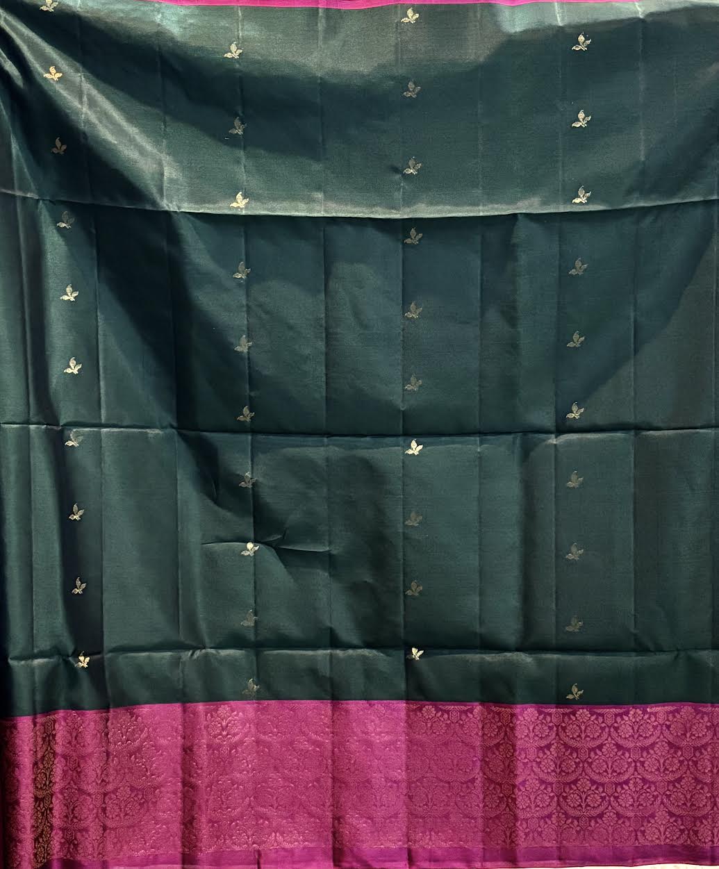 Pure Kanchi Soft Silk Saree in Bottle Green with Magenta Pink Zari Border | Silk Mark Certified