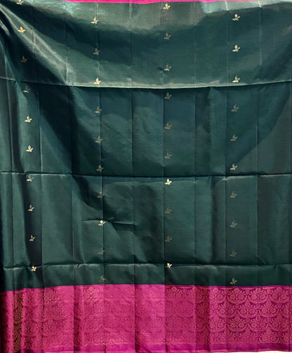 Pure Kanchi Soft Silk Saree in Bottle Green with Magenta Pink Zari Border | Silk Mark Certified