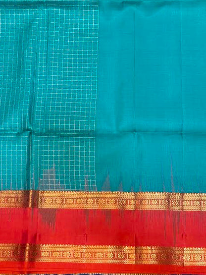 Silk Mark Certified Pure Kanchipuram Silk Saree in Teal Cyan with Contrast Red Zari Border