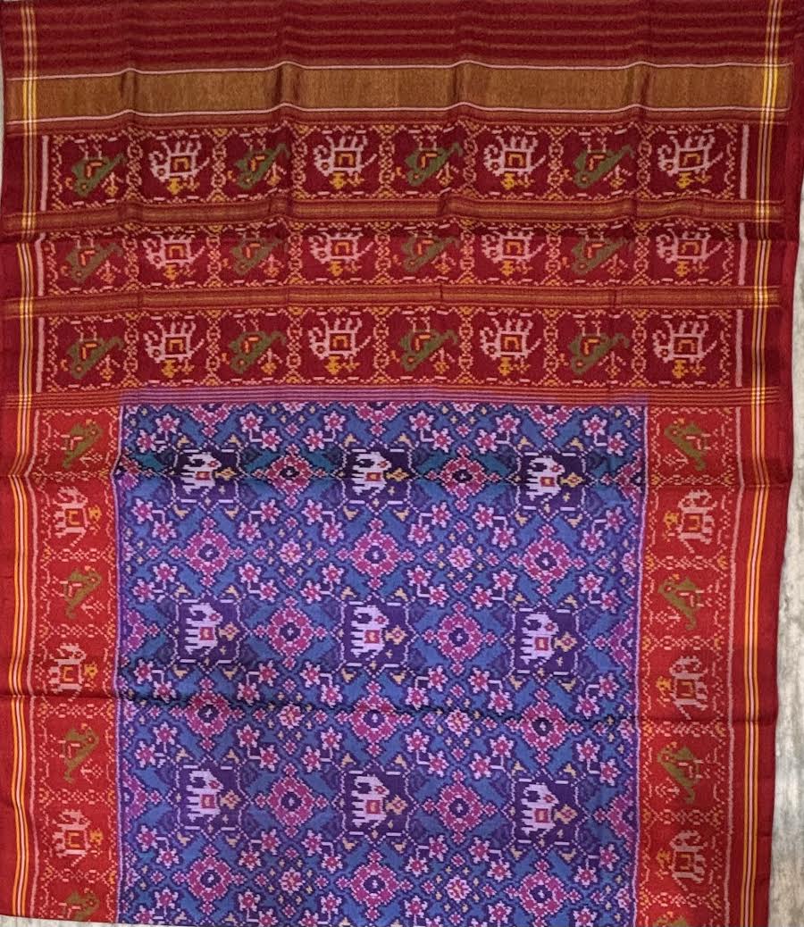 Authentic Blue &amp; Red Pure Real Patola Silk Saree with Traditional Motifs