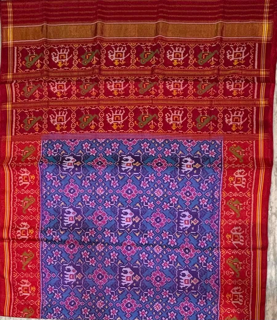 Authentic Blue &amp; Red Pure Real Patola Silk Saree with Traditional Motifs