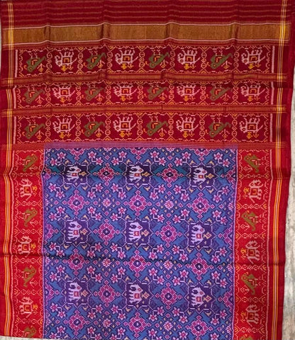 Authentic Blue &amp; Red Pure Real Patola Silk Saree with Traditional Motifs