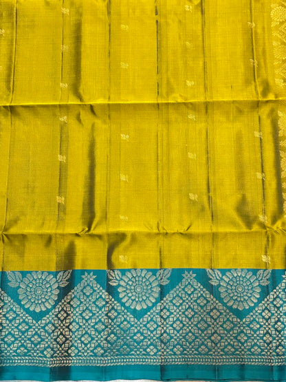 Mustard Olive Green &amp; Peacock Teal Kanchipuram Soft Silk Saree (Silk Mark Certified)