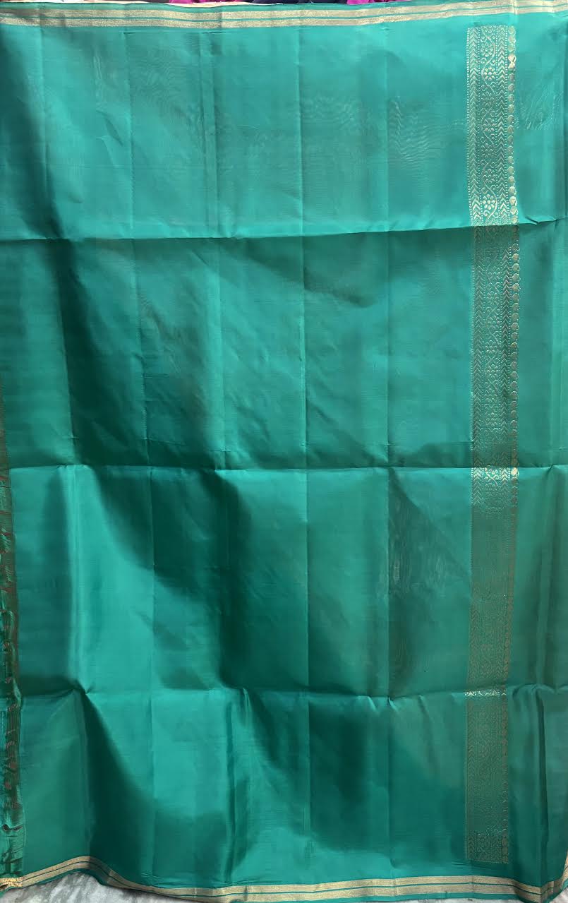 Beige Silk Saree with Teal Green Brocade Border &amp; Matching Blouse