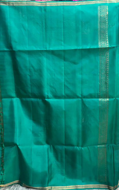 Beige Silk Saree with Teal Green Brocade Border &amp; Matching Blouse