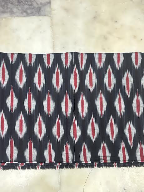 Jet Black &amp; Off-White Handloom Double Ikkat Cotton Dress Material Set with Magenta Piping Dupatta - d31