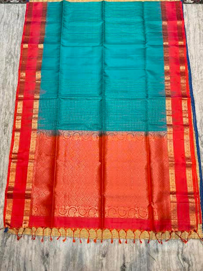 Silk Mark Certified Pure Kanchipuram Silk Saree in Teal Cyan with Contrast Red Zari Border