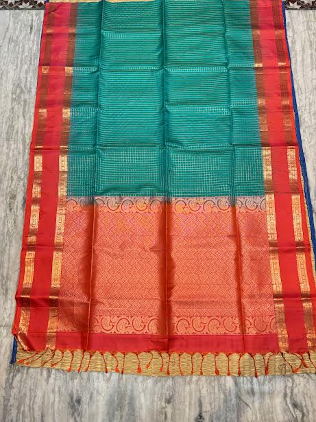 Silk Mark Certified Pure Kanchipuram Silk Saree in Peacock Green with Contrast Red Zari Border