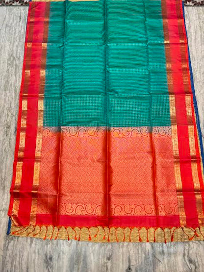 Silk Mark Certified Pure Kanchipuram Silk Saree in Peacock Green with Contrast Red Zari Border