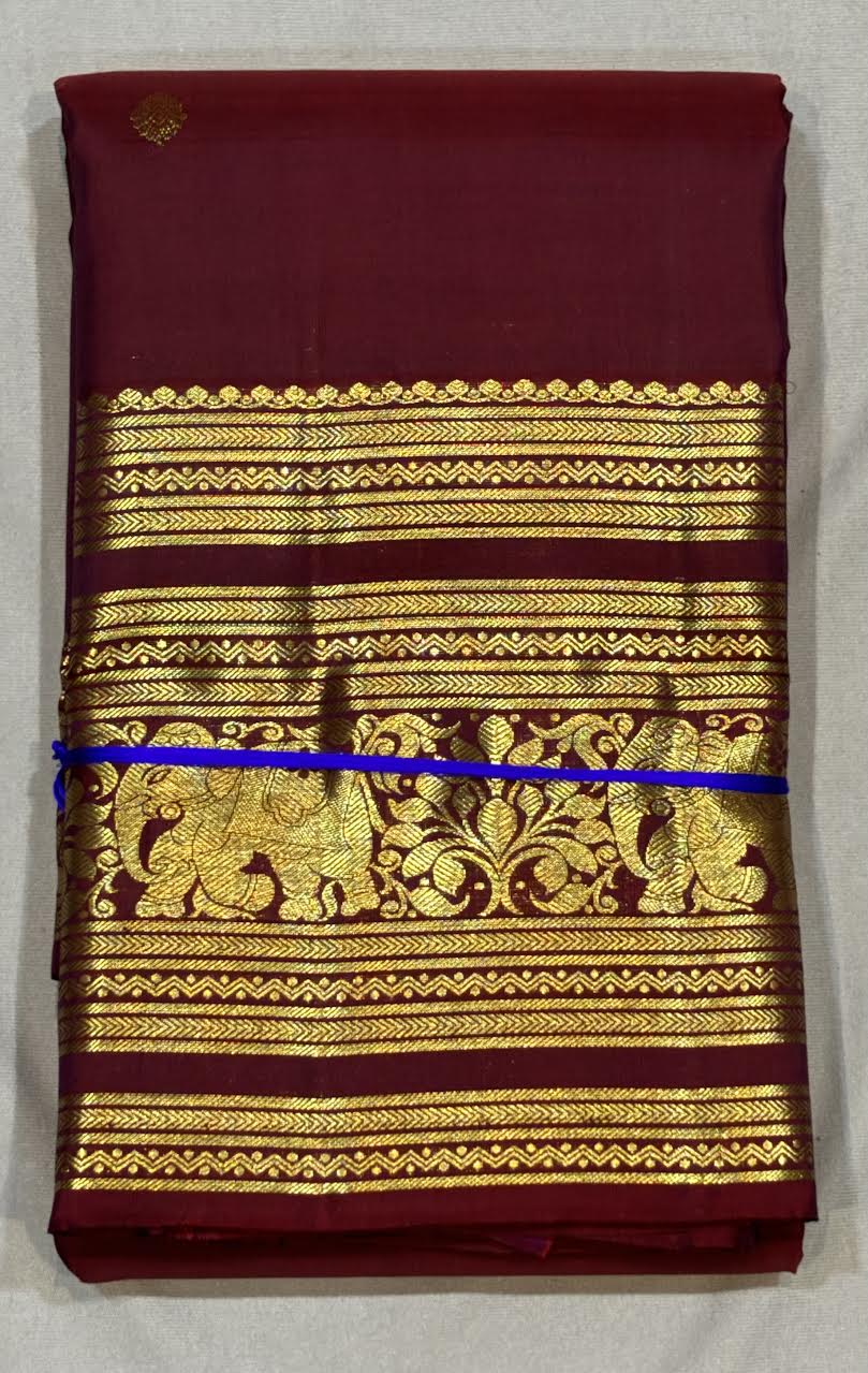 Traditional Maroon Pure Kanchipuram Pattu Saree with Grand Gold Zari Pallu