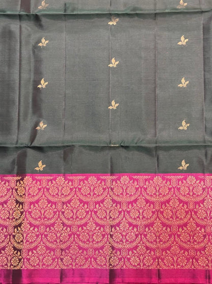 Pure Kanchi Pattu Soft Silk Saree in Gray with Magenta Zari Pallu (Silk Mark Certified)