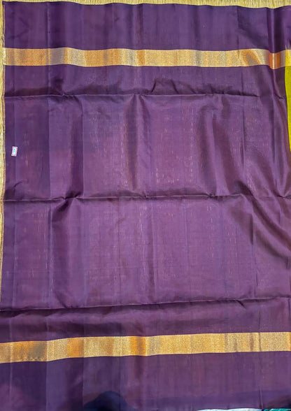 Lemon Yellow &amp; Deep Wine Kanchi Pattu Soft Silk Saree (Silk Mark Certified)