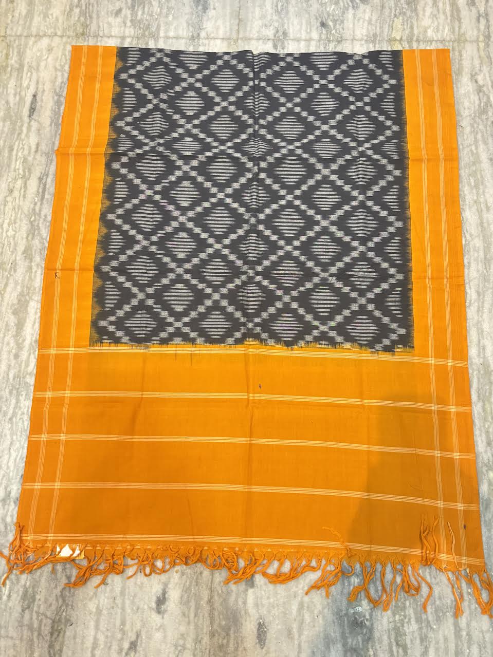 Pure Cotton Double Ikat Kurta Set with Mustard Yellow Zig-Zag Pattern &amp; Dupatta -D1