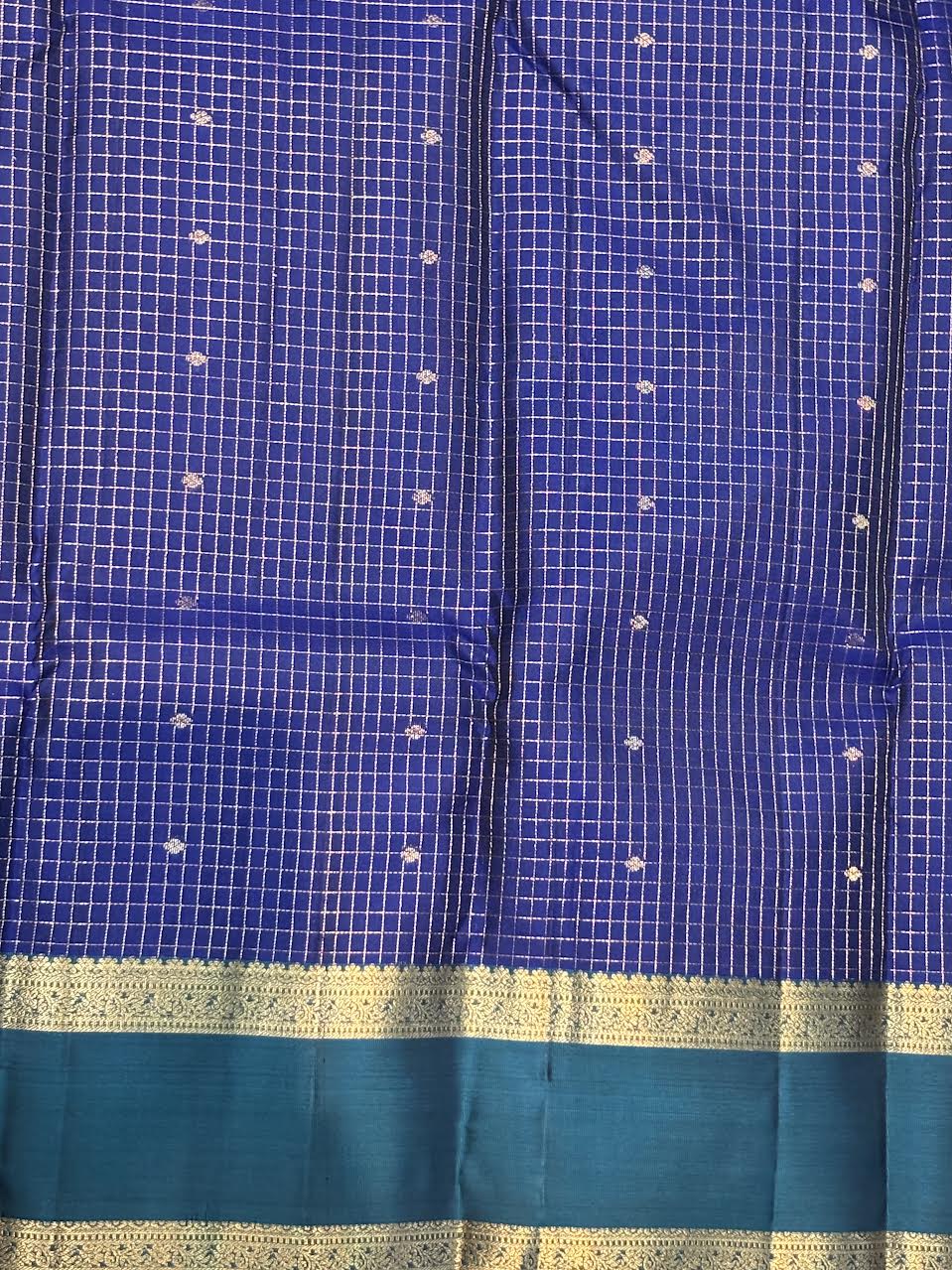 Traditional Violet Kanchipuram Checks Silk Saree with Teal &amp; Gold Border