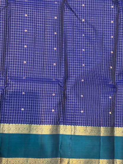 Traditional Violet Kanchipuram Checks Silk Saree with Teal &amp; Gold Border