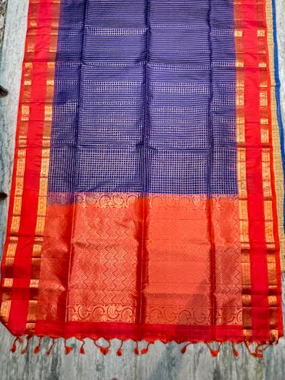 Handwoven Pure Kanchipuram Silk Saree - Regal Blue with Contrast Red Zari Border | Silk Mark Certified